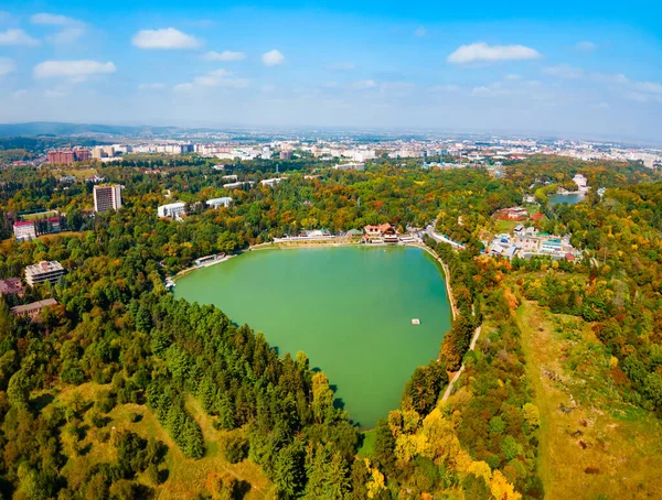 Kurortnoye lake aerial panoramic view in Nalchik, the capital city of the Kabardino-Balkarian Republic in Russia.