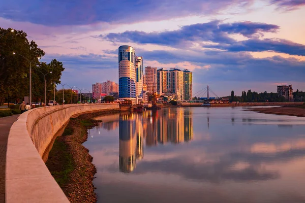 Krasnodar Cidade Rio Kuban Skyline Vista Panorâmica Aérea Pôr Sol — Fotografia de Stock