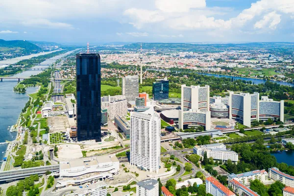 Danube City aerial panoramic view. Donaustadt is the district of Vienna, Austria. Danube City is a modern quarter with skyscrapers and business centres in Vienna, Austria.