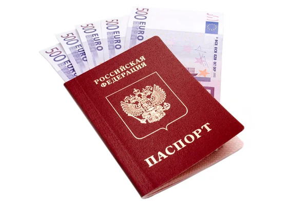 Passaporte internacional russo e dinheiro do euro — Fotografia de Stock