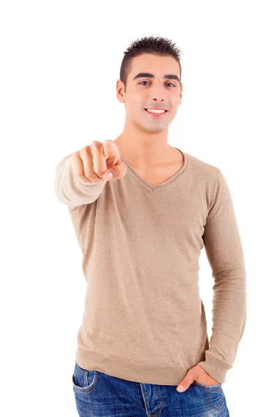 Studio shot of a handsome young man pointing forward — Stock Photo, Image