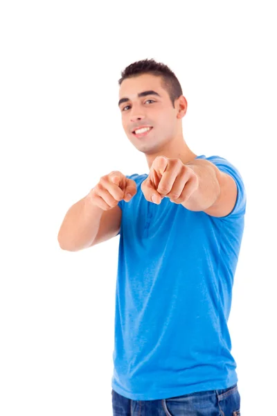 Studio shot of a handsome young man pointing forward — Stock Photo, Image