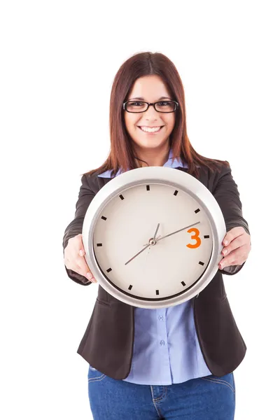 Empresaria sosteniendo un reloj — Foto de Stock