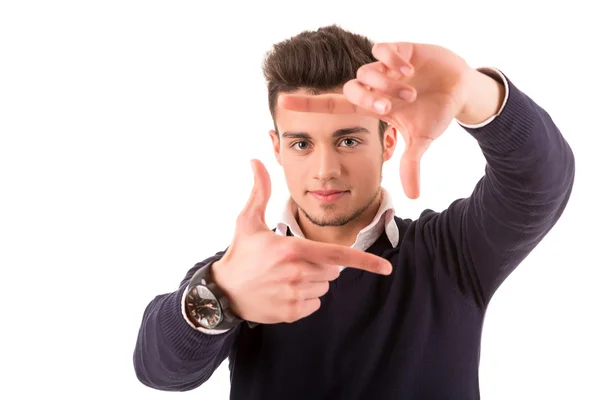 Fiatal egyetemista fiú így kialakítása kulcsfontosságú gesztus — Stock Fotó