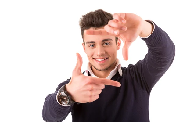 Young student boy making framing key gesture — Stock Photo, Image