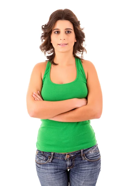 Jovem estudante mulher posando sobre fundo branco — Fotografia de Stock