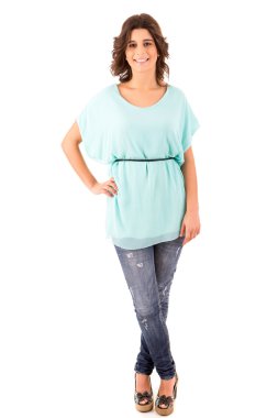 Genç öğrenci kadın beyaz arka plan üzerinde poz