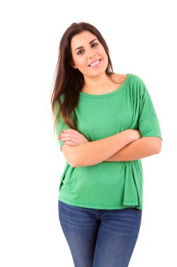 Genç öğrenci kadın beyaz arka plan üzerinde poz