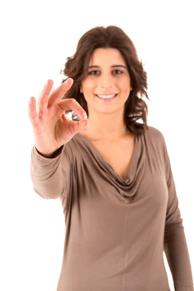 Very beautiful young woman signaling ok — Stock Photo, Image