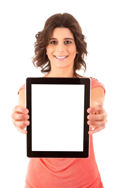 Happy young woman presenting a tablet computer — Stock Photo, Image