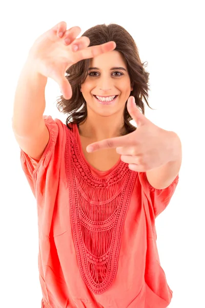 Beautiful woman making framing key gesture — Stock Photo, Image
