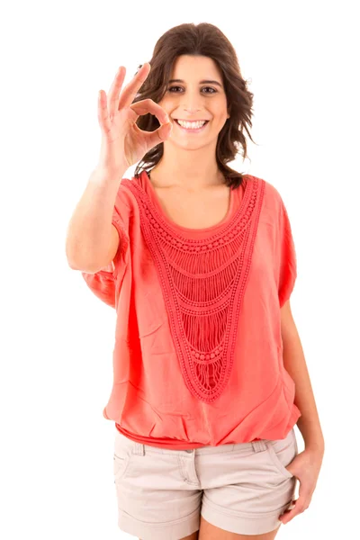 Very beautiful young woman signaling ok — Stock Photo, Image