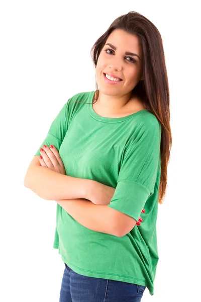 Jovem estudante mulher posando sobre fundo branco — Fotografia de Stock