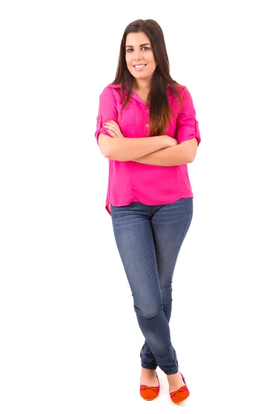 Junge Studentin posiert vor weißem Hintergrund — Stockfoto