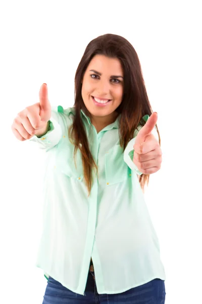 Zeer mooie jonge vrouw signalering ok — Stockfoto