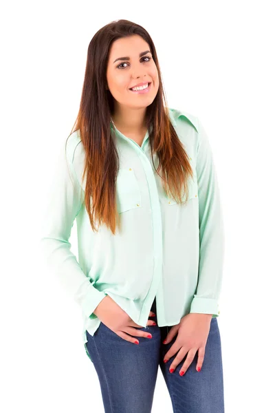 Young student woman posing over white background — Stock Photo, Image