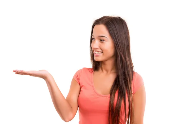 Mujer presentando producto — Foto de Stock