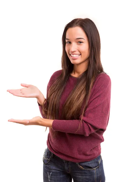 Frau präsentiert Produkt — Stockfoto