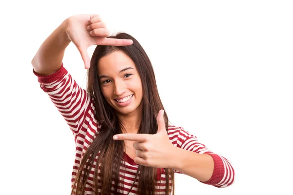 Vrouw framing belangrijke gebaar — Stockfoto