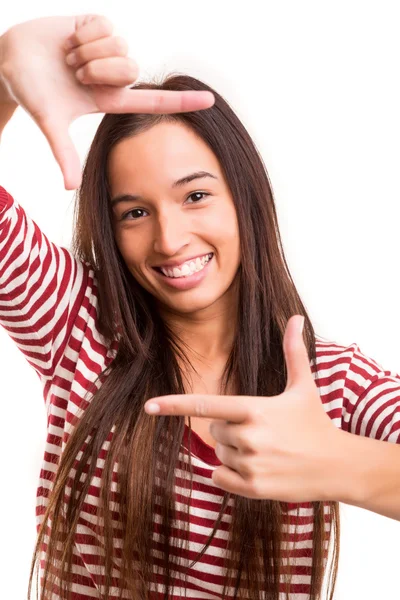 Frau mit Schlüsselgeste — Stockfoto