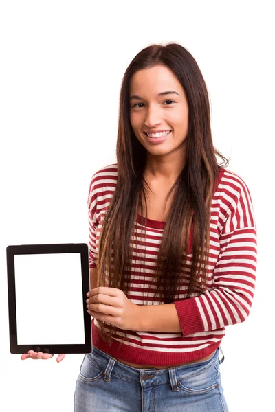 Woman presenting product — Stock Photo, Image