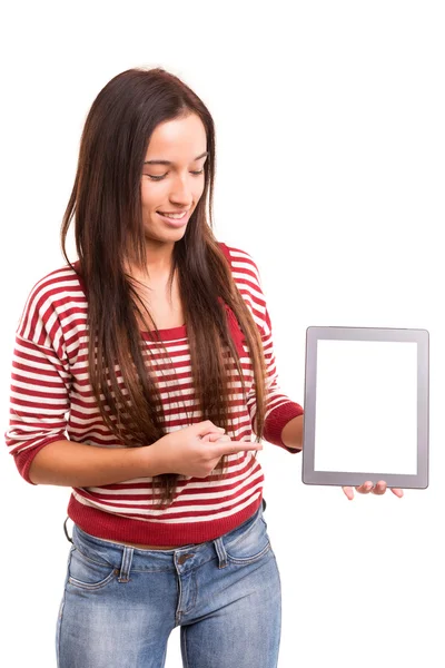 Woman presenting product — Stock Photo, Image