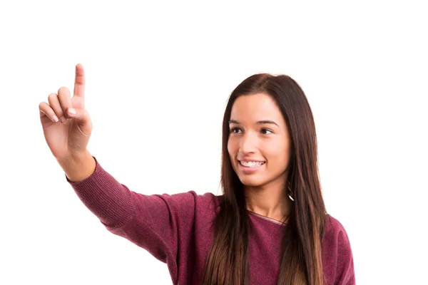 Woman presses key — Stock Photo, Image