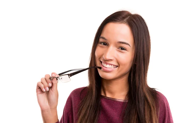 Mujer lleva gafas — Foto de Stock