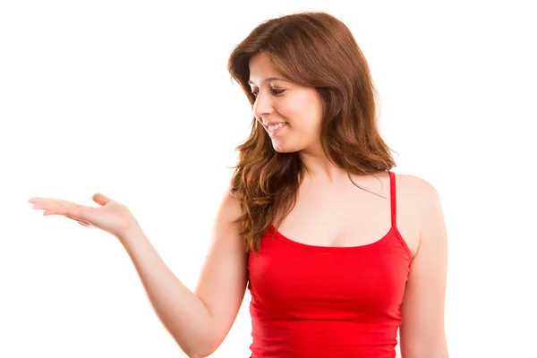 Woman presenting product — Stock Photo, Image