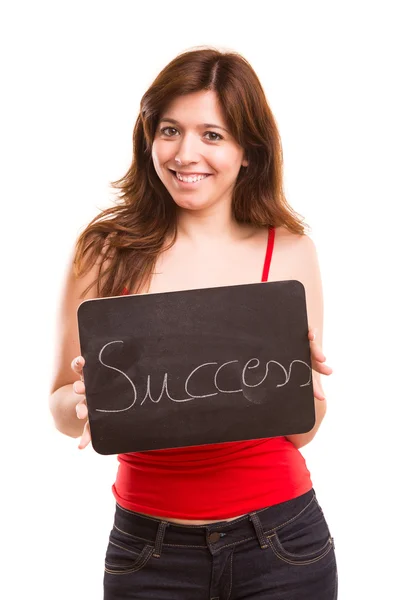 Woman and board with success — Stock Photo, Image
