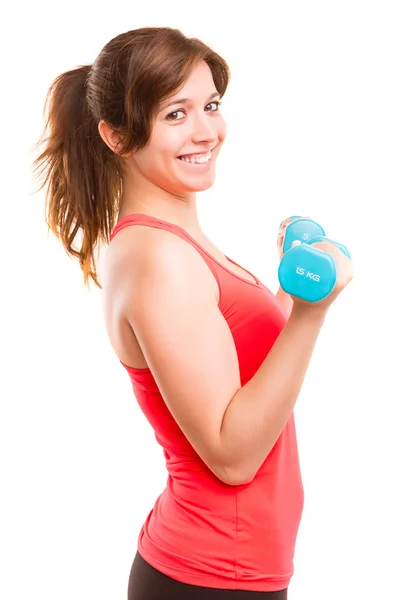 Mujer con mancuernas — Foto de Stock