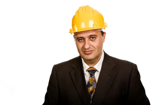 Inżynier z żółtym kapeluszu, na białym tle — Zdjęcie stockowe