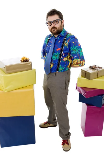 Šťastné pošetilý prodavač s krabicemi, izolované na bílém — Stock fotografie