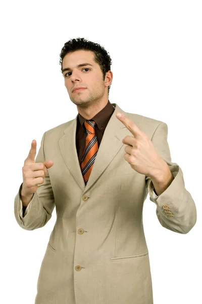 Affärsman i en kostym som pekar uppåt — Stockfoto