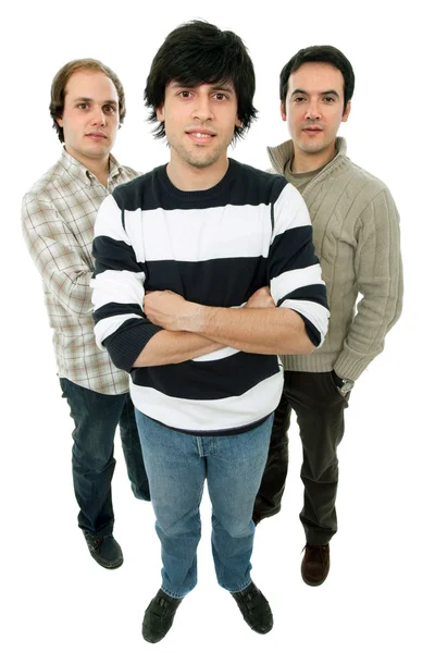 Drie jonge casual mannen volledige lichaam, geïsoleerd op wit — Stockfoto