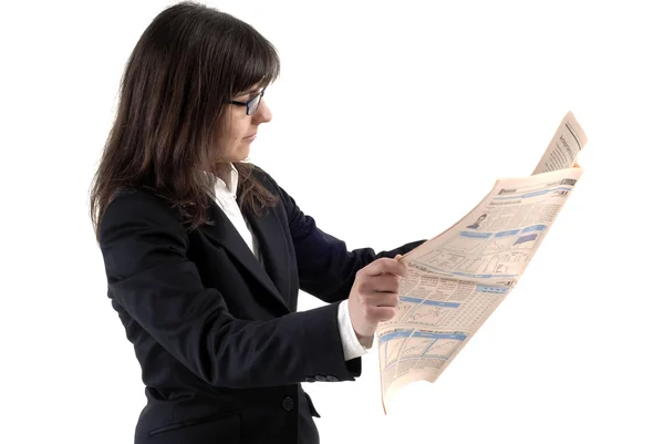 Business woman reading the finance newspaper — Stock Photo, Image