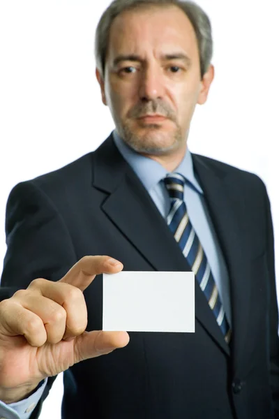 Zakenman aanbieden visitekaartje, focus op de hand — Stockfoto