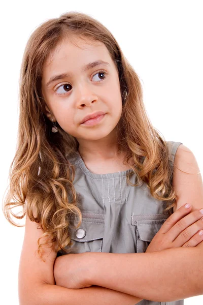 Jovem menina feliz pensando, isolado no branco — Fotografia de Stock