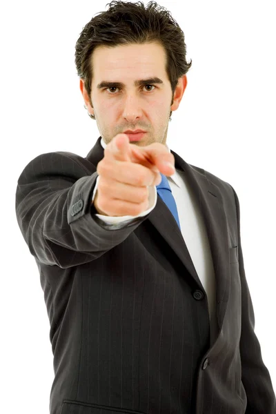 Homem de negócios Poiyoung em um terno apontando com o dedo — Fotografia de Stock