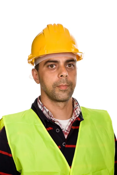 Retrato de joven trabajador en un fondo blanco —  Fotos de Stock