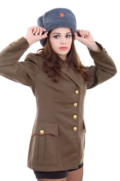 Jovem mulher bonita, vestida como militar russo — Fotografia de Stock