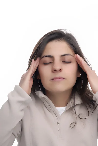 Jovem mulher casual retrato com uma dor de cabeça — Fotografia de Stock