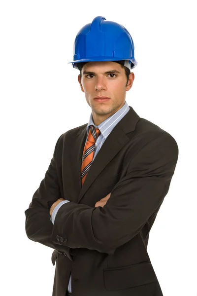 Um engenheiro com chapéu azul, isolado em branco — Fotografia de Stock