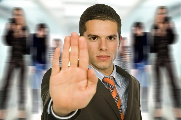 Business man with open hand making stop — Stock Photo, Image