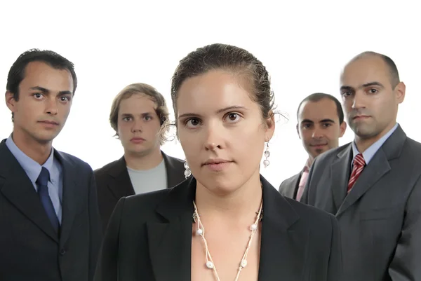 Business team, isolato su sfondo bianco, concentrarsi sulla donna — Foto Stock