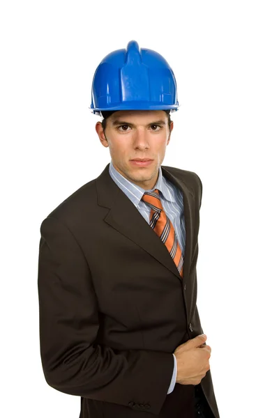 工程师与蓝色安全帽，孤立在白色 — 图库照片