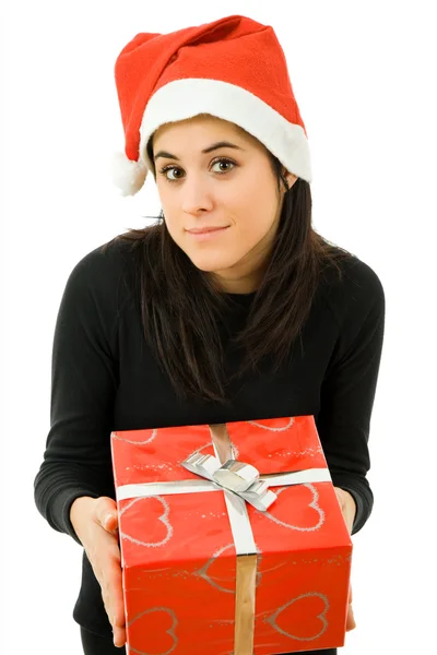 Szép, fiatal lány, egy karácsonyi ajándék gazdaság — Stock Fotó