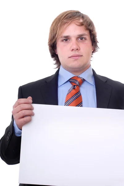 Jovem homem de negócios com um cartão vazio — Fotografia de Stock