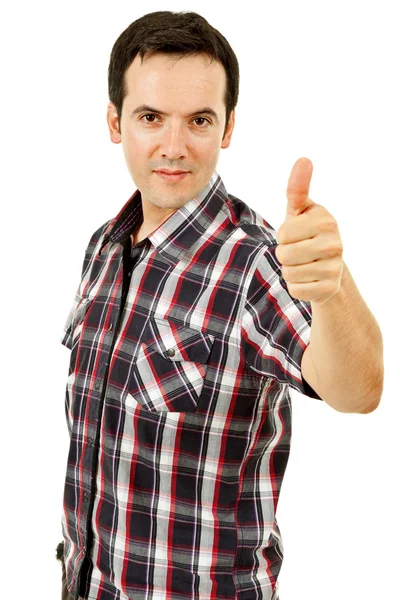 Joven retrato casual hombre va pulgar hacia arriba en un fondo blanco — Foto de Stock