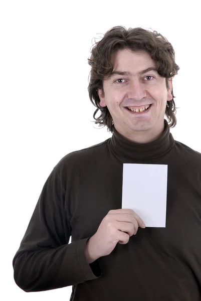 Hombre con una tarjeta blanca en un fondo blanco — Foto de Stock